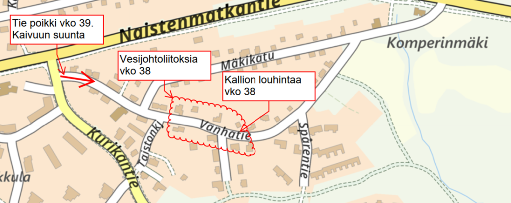 Vanhatien saneerauksen kartta, Vanhatie poikki vk 39, vesijohtoliitoksia vko 38 ja kallion louhintaa viikolla 38.