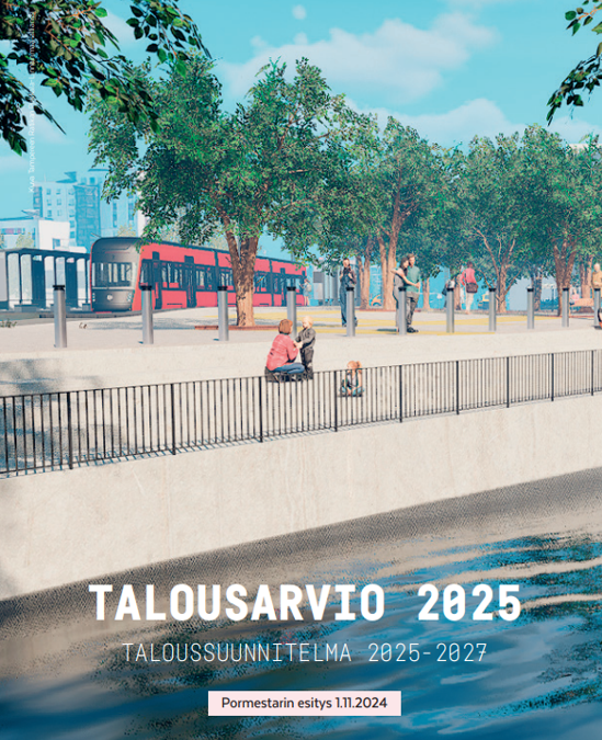 Talousarviokirjan 2024 kansi, jossa on havainnekuva Partolanaukiosta raitiotien rakentamisen jälkeen. Aukioilla on puita, ihmisiä ja raitiotievaunu. Etualalla näkyy vettä.